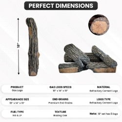 Dreffco 18" Premium Gas Logs - For Vented Fireplaces, Natural Gas or Liquid Propane - Blazing Oak Design (Logs Only) 