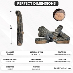 Dreffco 24" Premium Gas Logs - For Vented Fireplaces, Natural Gas or Liquid Propane - Blazing Oak Design (Logs Only) 