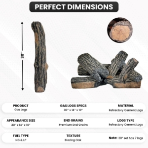 Dreffco 30" Premium Gas Logs - For Vented Fireplaces, Natural Gas or Liquid Propane - Blazing Oak Design (Logs Only) 